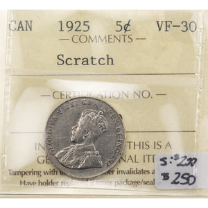 SOLD Canada 1925 5 Cents Nickel Coin - ICCS VF-30 (scratch)