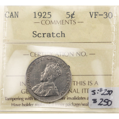 SOLD Canada 1925 5 Cents Nickel Coin - ICCS VF-30 (scratch)