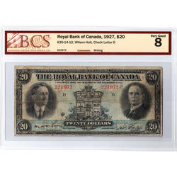$20 1927 Royal Bank of Canada Chartered Note #630-14-12 - BCS VG-8