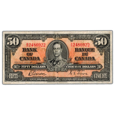 SOLD $50 1937 Bank of Canada Note Gordon-Towers B/H Prefix BC-26b - Fine+