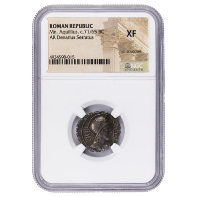 SOLD Ancient Rome Republic C. 71-65 BC Aquillius Denarius Serratus Silver Coin - NGC XF