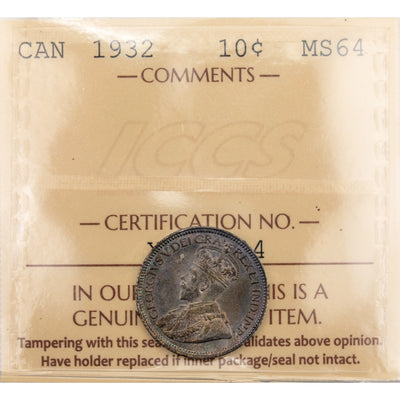 Canada 1932 10 Cents Dime Silver Coin - ICCS MS-64