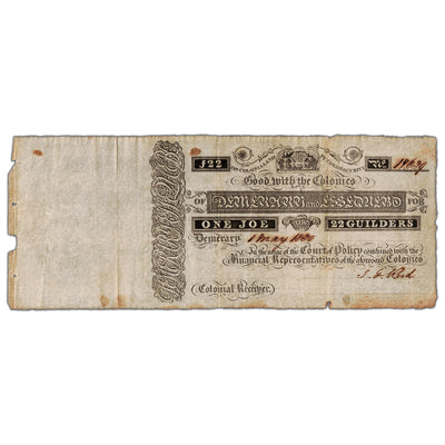 British Guiana Demerara & Essequebo 1830 1 Joe/22 Guilders Note P #A1