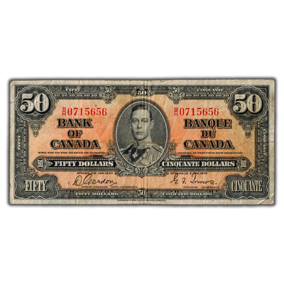 SOLD $50 1937 Bank of Canada Note Gordon-Towers B/H Prefix BC-26b - Edge Tear