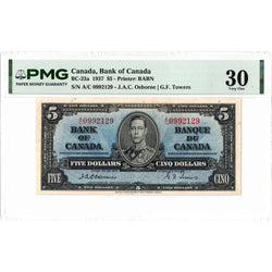 $5 1937 Bank of Canada Note Osborne Signature BC-23a - PMG VF-30