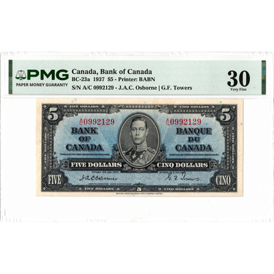 SOLD $5 1937 Bank of Canada Note Osborne Signature BC-23a - PMG VF-30