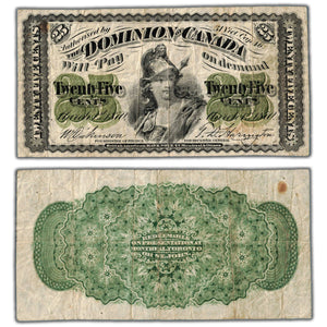 SOLD 25 Cents 1870 Dominion of Canada Note Shinplaster DC-1c - Fine (pinholes)