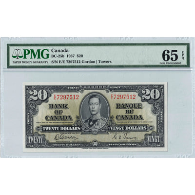 $20 1937 Bank of Canada Note Gorodn-Towers E/E Prefix BC-25b - PMG Gem UNC-65 PPQ