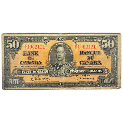 SOLD $50 1937 Bank of Canada Note Gordon-Towers B/H Prefix BC-26b - Faded Back