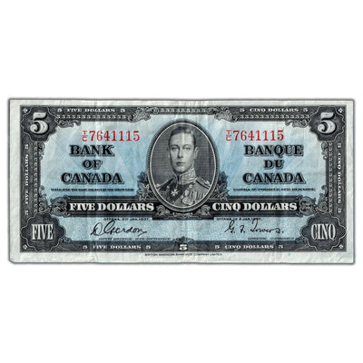 $5 1937 Bank of Canada Note Gordon-Towers T/C Prefix BC-23b - VF