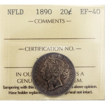 Newfoundland 1890 20 Cents Silver Coin - ICCS EF-40