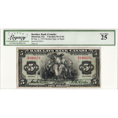 $5 1935 Barclays Bank Canada Chartered Note #30-12-02 - Legacy VF-25
