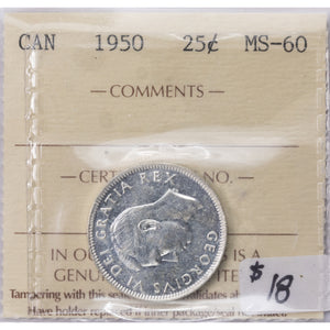 SOLD Canada 1950 25 Cents Quarter Silver Coin - ICCS MS-60