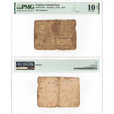 SOLD United States 1776 $2/3 Virginia Colonial Note Fr. VA-104 - PMG VG-10 Net