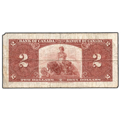 SOLD $2 1937 Bank of Canada Note Gordon-Towers S/B Prefix BC-22b - Missing Corner