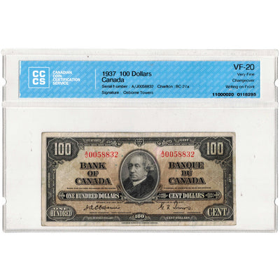 $100 1937 Bank of Canada Note Osborne Signature BC-27a - CCCS VF-20 (writing)