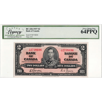 $2 1937 Bank of Canada Note Gordon-Towers T/B Prefix BC-22b - Legacy Ch UNC-64 PPQ
