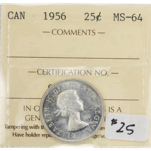 SOLD Canada 1956 25 Cents Quarter Silver Coin - ICCS MS-64