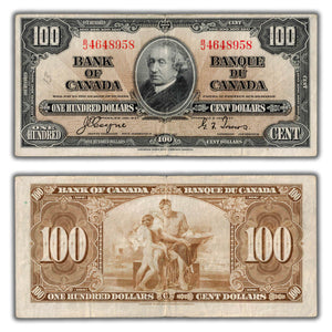 SOLD $100 1937 Bank of Canada Note Coyne-Towers BC-27c - VF (minor writing)