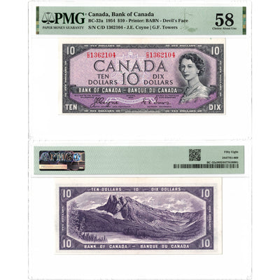 $10 1954 Bank of Canada Note Devil Face C/D Prefix BC-32a - PMG AU-58
