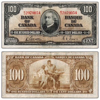 SOLD $100 1937 Bank of Canada Note Gordon-Towers B/J Prefix BC-27b - Staple Hole