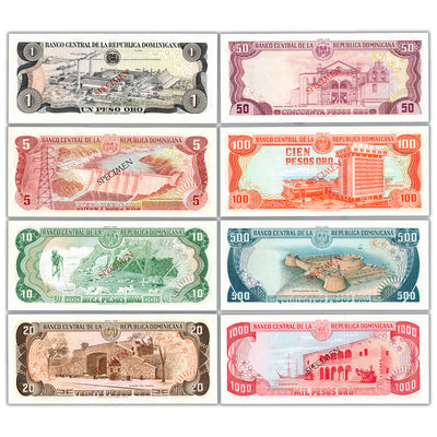 Dominican Republic 1978 1-1000 Pesos 8-Note Specimen Set - Low Serial #4