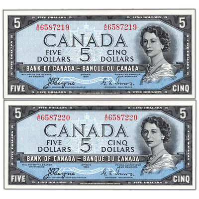 SOLD $5 1954 Bank of Canada Notes Devil Face A/C Prefix BC-31a - 2 Consecutive AU-58