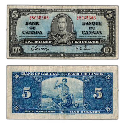 $5 1937 Bank of Canada Note Gordon-Towers D/C Prefix BC-23b - Fine