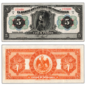 SOLD Mexico El Banco Del Estado De Chihuahua 1913 5 Five Pesos Note - Circulated