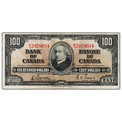 SOLD $100 1937 Bank of Canada Note Gordon-Towers B/J Prefix BC-27b - Staple Hole