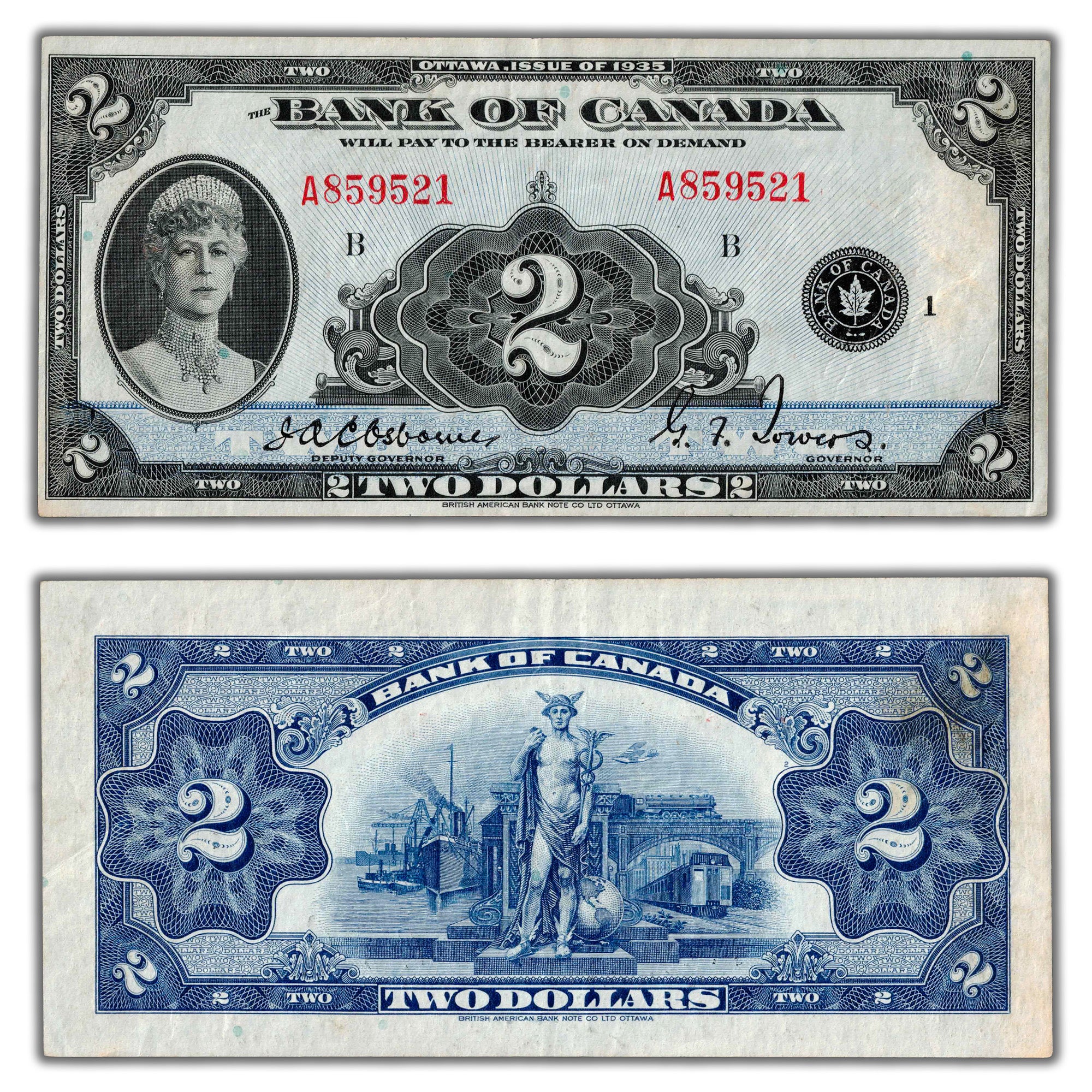 SOLD $2 1935 Bank of Canada Note English Text BC-3 - VF/EF (light stai ...