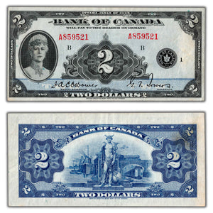 SOLD $2 1935 Bank of Canada Note English Text BC-3 - VF/EF (light staining)