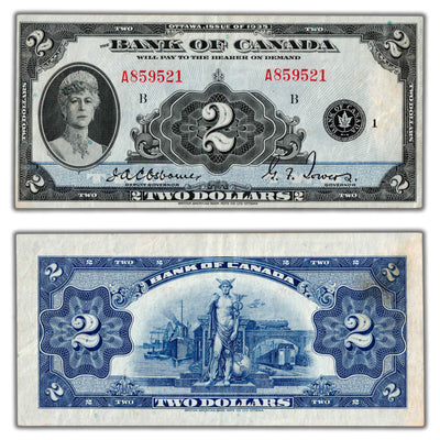 SOLD $2 1935 Bank of Canada Note English Text BC-3 - VF/EF (light staining)