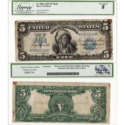 SOLD United States 1899 $5 Silver Certificate "Chief" Mule Note Fr. 280m - Legacy VG-8