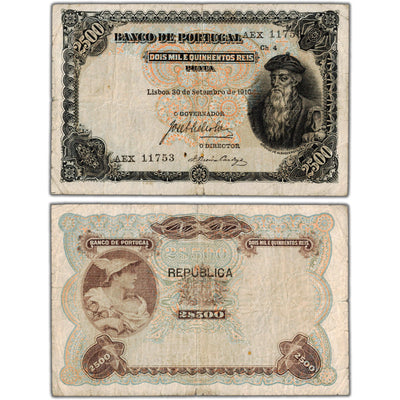 SOLD Portugal 1910 2500 Reis Note P #107 - Fine
