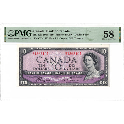 $10 1954 Bank of Canada Note Devil Face C/D Prefix BC-32a - PMG AU-58