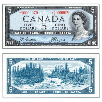 SOLD $5 1954 Bank of Canada Note *R/C Replacement Low Serial #70 - Choice UNC