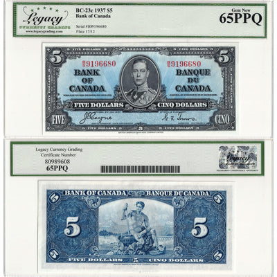 $5 1937 Bank of Canada Note Coyne-Towers B/S Prefix BC-23c - Legacy Gem UNC-65 PPQ