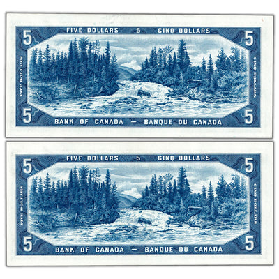 SOLD $5 1954 Bank of Canada Notes Devil Face A/C Prefix BC-31a - 2 Consecutive AU-58