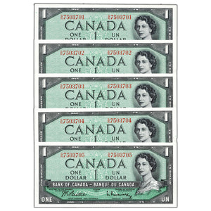 SOLD $1 1954 Bank of Canada Notes G/N Prefix BC-37b - 5 Consecutive Uncirculated