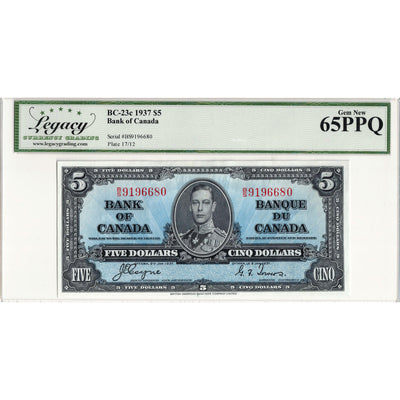 $5 1937 Bank of Canada Note Coyne-Towers B/S Prefix BC-23c - Legacy Gem UNC-65 PPQ
