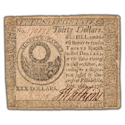SOLD United States 1778 Philadelphia $30 Thirty Dollars Colonial Note