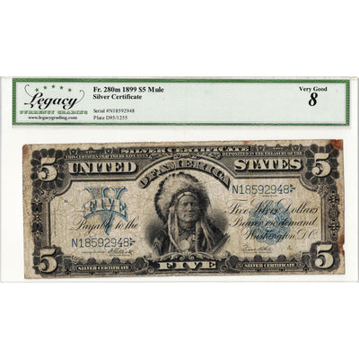 SOLD United States 1899 $5 Silver Certificate "Chief" Mule Note Fr. 280m - Legacy VG-8