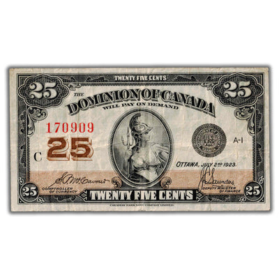 25 Cents 1923 Dominion of Canada Shinplaster Note DC-24c - F/VF