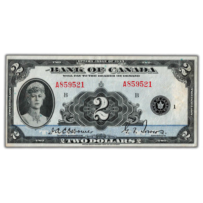 SOLD $2 1935 Bank of Canada Note English Text BC-3 - VF/EF (light staining)