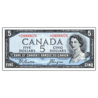SOLD $5 1954 Bank of Canada Note *R/C Replacement Low Serial #70 - Choice UNC