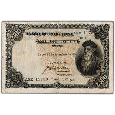 SOLD Portugal 1910 2500 Reis Note P #107 - Fine