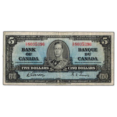$5 1937 Bank of Canada Note Gordon-Towers D/C Prefix BC-23b - Fine