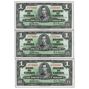 SOLD $1 1937 Bank of Canada Notes A/M Prefix BC-21c - 3 Consecutive Circulated