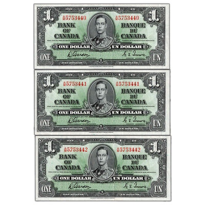SOLD $1 1937 Bank of Canada Notes A/M Prefix BC-21c - 3 Consecutive Circulated